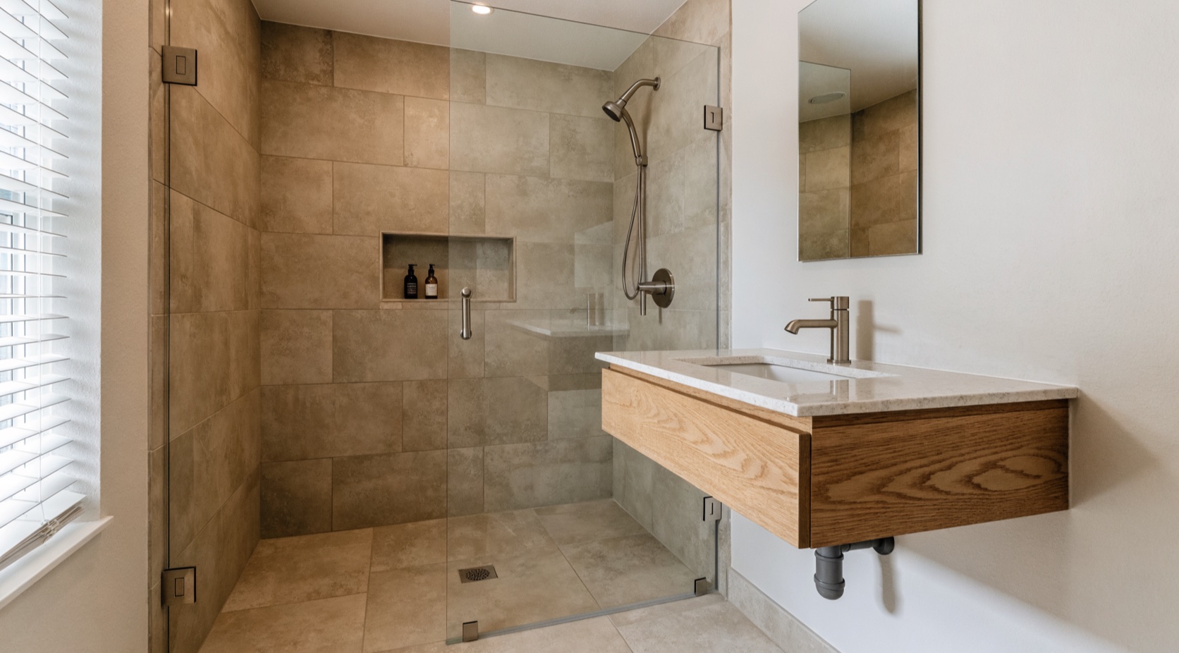Photorealistic warm stone bathroom renovation concept for Windsor Ontario